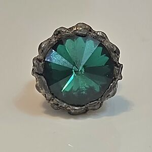 Vintage Modernist Emerald Green Glass Brutalist Statement Ring Adjustable